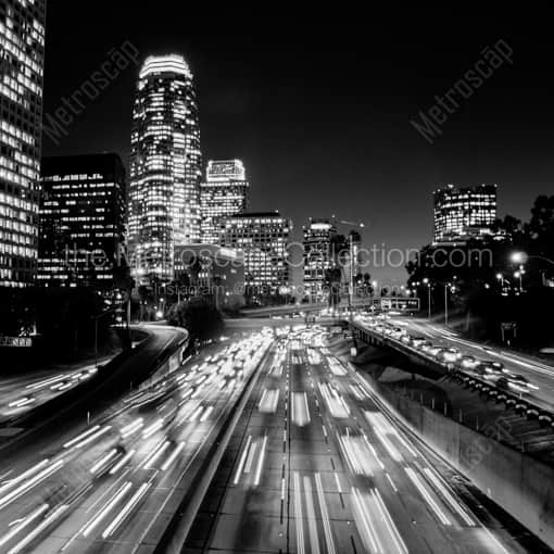 Matte Black WOOD Framed Black and White Los Angeles Photograph: The Los Angeles Skyline along the Harbor Freeway in a Square Matte Black Wood Frame
