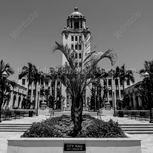 Matte Black WOOD Framed Black and White Los Angeles Photograph: Beverly Hills City Hall in a Square Matte Black Wood Frame