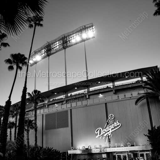 Matte Black WOOD Framed Black and White Los Angeles Photograph: Dodger Stadium in a Square Matte Black Wood Frame