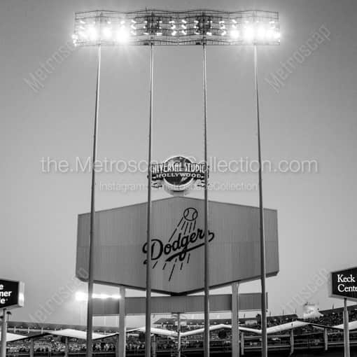 Matte Black WOOD Framed Black and White Los Angeles Photograph: The Back of the Dodger Stadium Score Board in a Square Matte Black Wood Frame