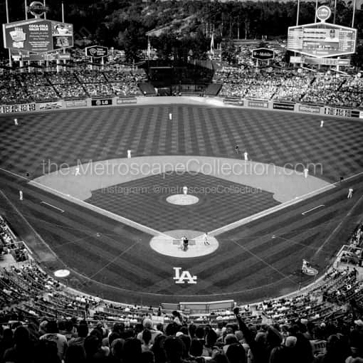 Matte Black WOOD Framed Black and White Los Angeles Photograph: Dodger Stadium in Chavez Ravine in a Square Matte Black Wood Frame