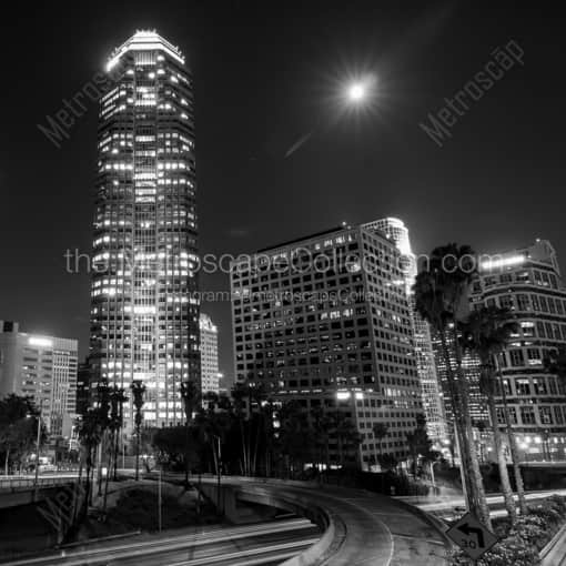 Matte Black WOOD Framed Black and White Los Angeles Photograph: The PWC Building from the Fifth Street Exit Ramp in a Square Matte Black Wood Frame