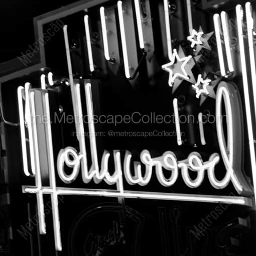 Matte Black WOOD Framed Black and White Los Angeles Photograph: A Neon Hollywood Sign in a Square Matte Black Wood Frame