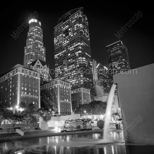 Pershing Square and LA Skyline at Night -- Los Angeles Black and White Photography
