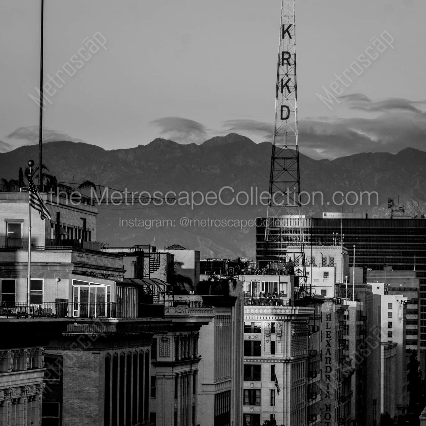 The San Gabriel Mountains Behind the KRKD Tower in Downtown Los Angeles landscape black and white Photography The San Gabriel Mountains Behind the KRKD Tower in Downtown Los Angeles landscape black and white Photography square crop