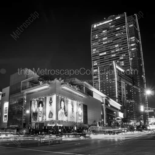 Matte Black WOOD Framed Black and White Los Angeles Photograph: The LA JW Marriott and Ritz Carlton at Night in a Square Matte Black Wood Frame