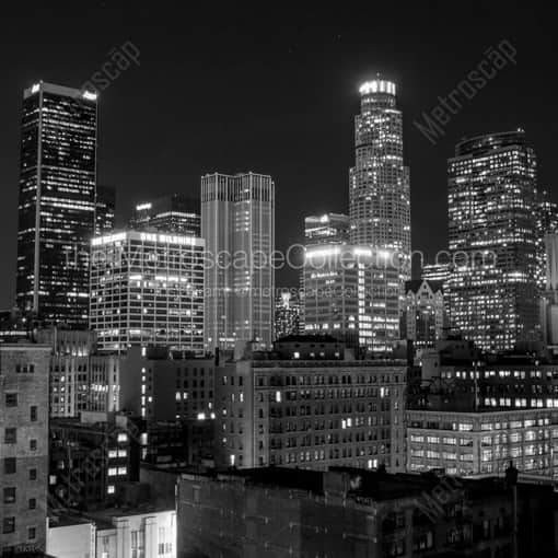 Matte Black WOOD Framed Black and White Los Angeles Photograph: Downtown Los Angeles at Night in a Square Matte Black Wood Frame