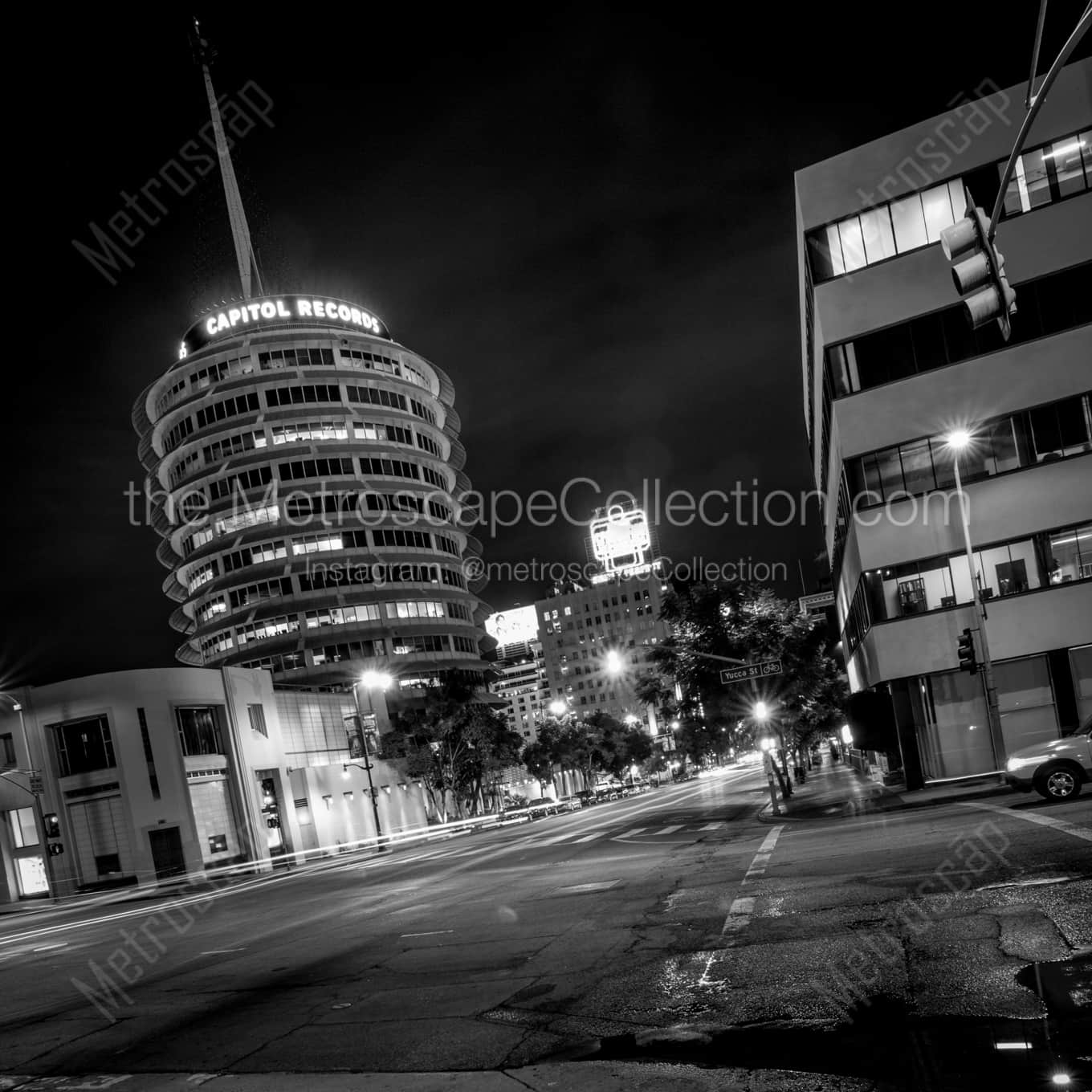 The Capitol Records Tower at Night landscape black and white Photography The Capitol Records Tower at Night landscape black and white Photography square crop