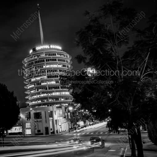 Matte Black WOOD Framed Black and White Los Angeles Photograph: The Capitol Records Building at Yucca and Vine in a Square Matte Black Wood Frame