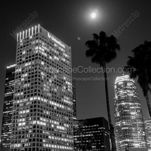 Matte Black WOOD Framed Black and White Los Angeles Photograph: A Full Moon over Downtown Los Angeles in a Square Matte Black Wood Frame