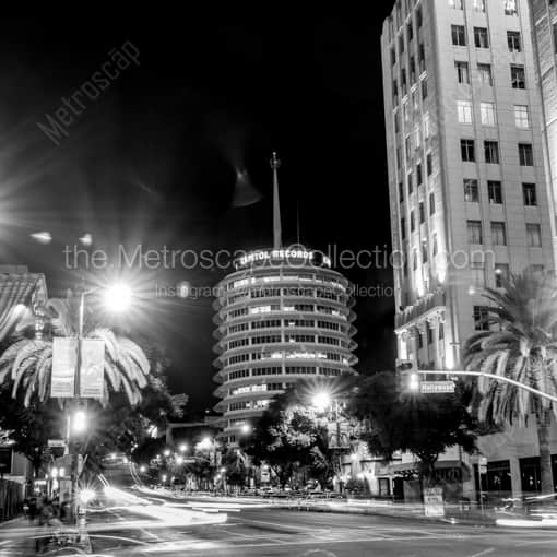 Matte Black WOOD Framed Black and White Los Angeles Photograph: The Capitol Records Building at Hollywood and Vine in a Square Matte Black Wood Frame