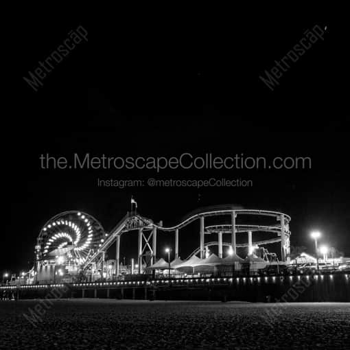 Matte Black WOOD Framed Black and White Los Angeles Photograph: The Santa Monica Pier Ferris Wheel at Night. in a Square Matte Black Wood Frame