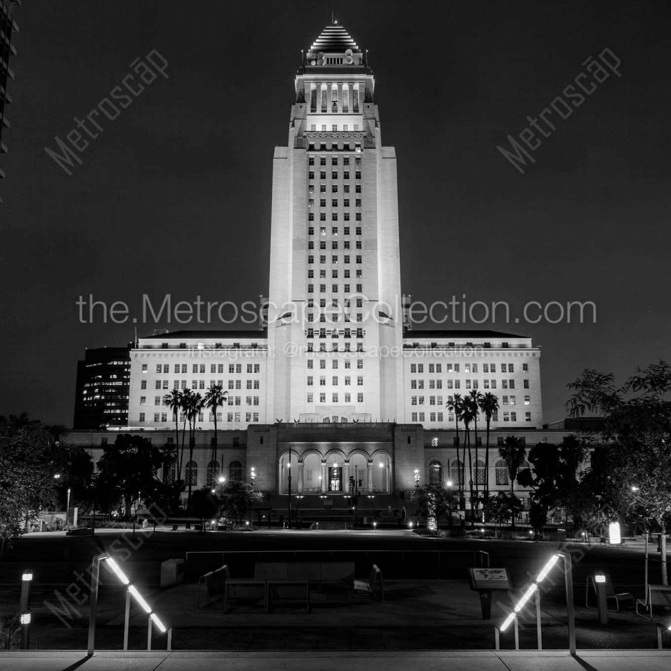 LA City Hall at Night landscape black and white Photography square crop