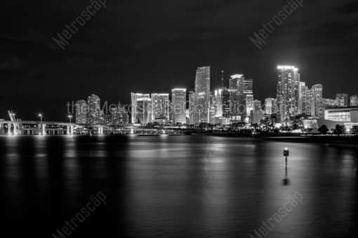 Miami Black and White Photography of The Miami Skyline at Night on Biscayne Bay The Miami Skyline at Night on Biscayne Bay -- Miami Black and White Photography