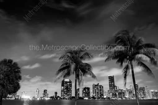 Miami Black and White Photography of The Downtown Miami Skyline at Night from Rickenbacker Causeway The Downtown Miami Skyline at Night from Rickenbacker Causeway -- Miami Black and White Photography