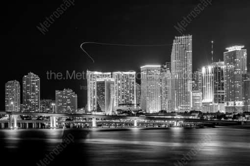 Miami Black and White Photography of The Downtown Miami Skyline at Night with Helicopters The Downtown Miami Skyline at Night with Helicopters -- Miami Black and White Photography