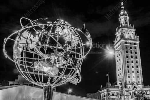 Miami Black and White Photography of The Stainless Steel Globe and Freedom Tower The Stainless Steel Globe and Freedom Tower -- Miami Black and White Photography