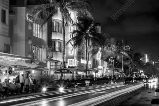 Ocean Drive on Miami Beach at Night -- Miami Black and White Photography