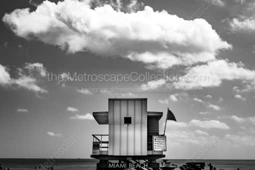A Lifeguard Shack and Beach Warning Flag -- Miami Black and White Photography