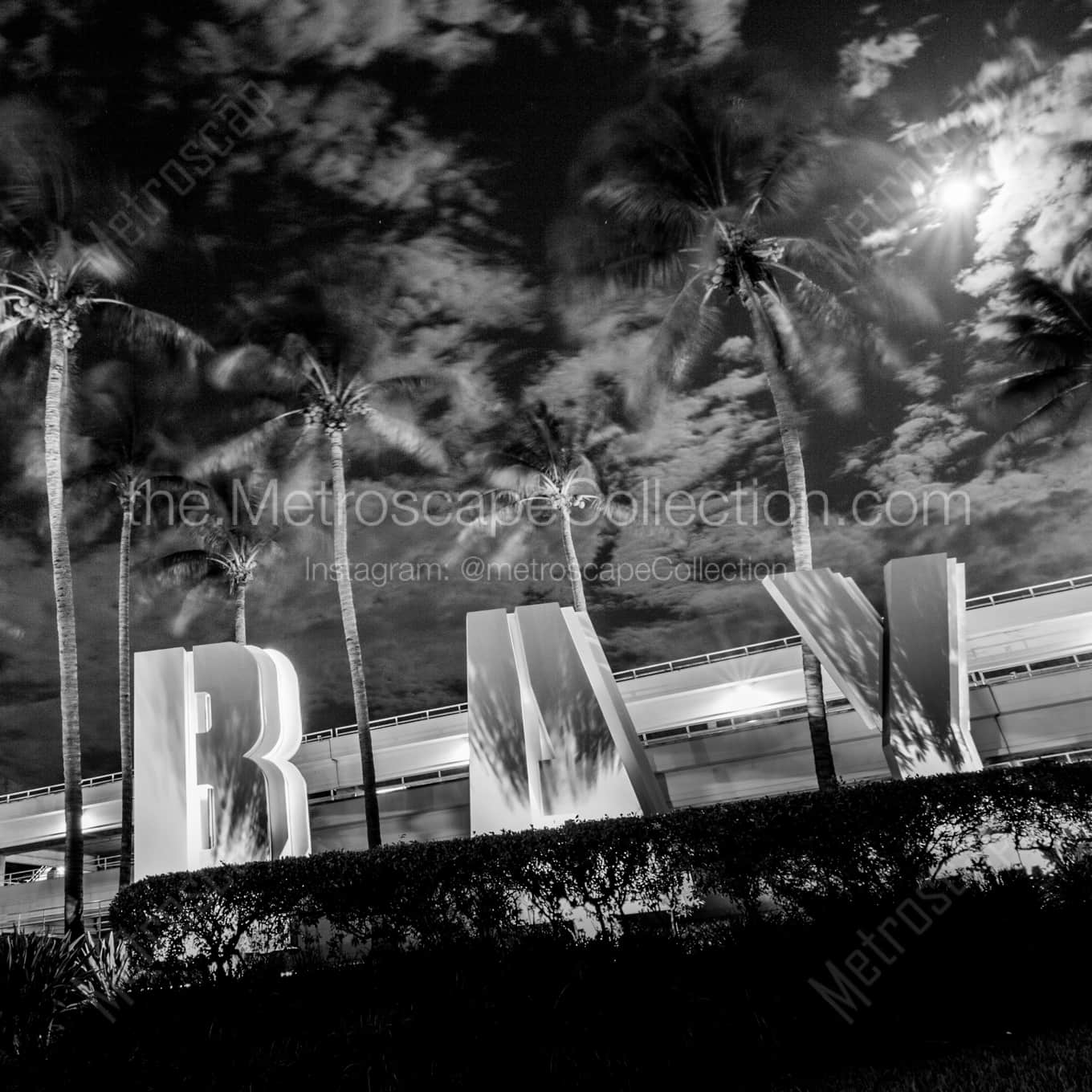 Bayside Sign in Downtown Miami landscape black and white Photography square crop