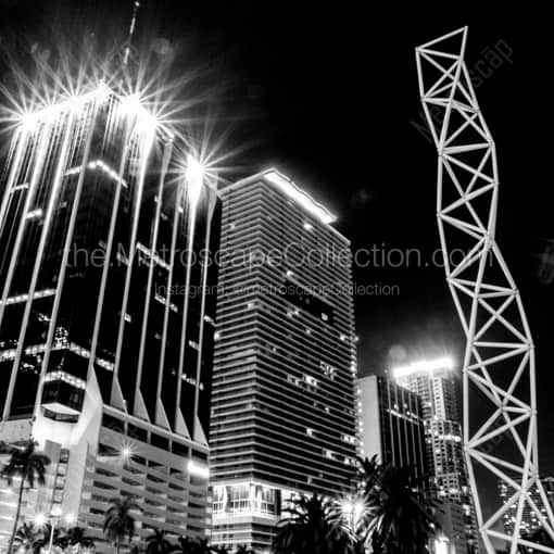 Matte Black WOOD Framed Black and White Miami Photograph: Downtown Miami Buildings near Bayfront Park in a Square Matte Black Wood Frame