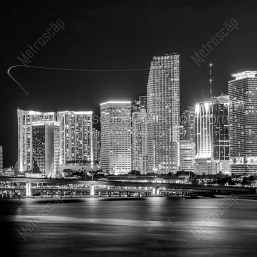 Matte Black WOOD Framed Black and White Miami Photograph: The Downtown Miami Skyline at Night with Helicopters in a Square Matte Black Wood Frame