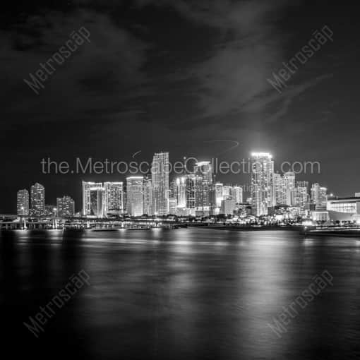 Matte Black WOOD Framed Black and White Miami Photograph: The Miami Skyline at Night from the MacArthur Causeway in a Square Matte Black Wood Frame