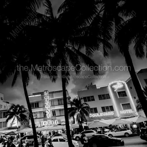 Matte Black WOOD Framed Black and White Miami Photograph: South Beach Ocean Drive in a Square Matte Black Wood Frame