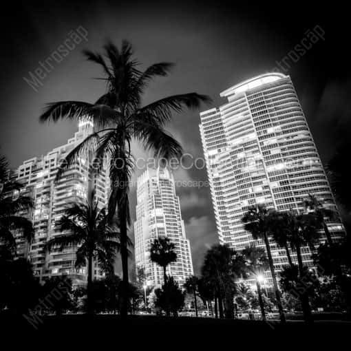 Matte Black WOOD Framed Black and White Miami Photograph: South Beach Condos Overlook South Pointe Park in a Square Matte Black Wood Frame