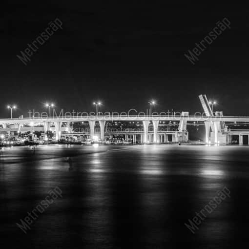 Matte Black WOOD Framed Black and White Miami Photograph: The Port Boulevard Bridge to Dodge Island in a Square Matte Black Wood Frame