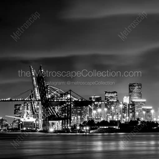 Matte Black WOOD Framed Black and White Miami Photograph: The Ports on Dodge Island in a Square Matte Black Wood Frame