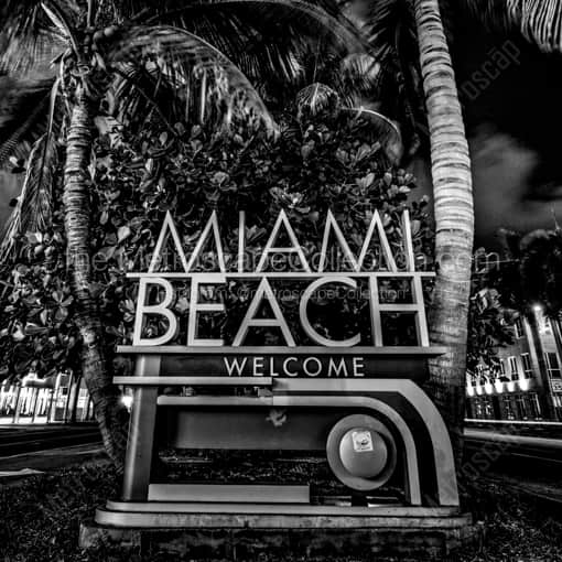 Matte Black WOOD Framed Black and White Miami Photograph: Welcome to Miami Beach in a Square Matte Black Wood Frame