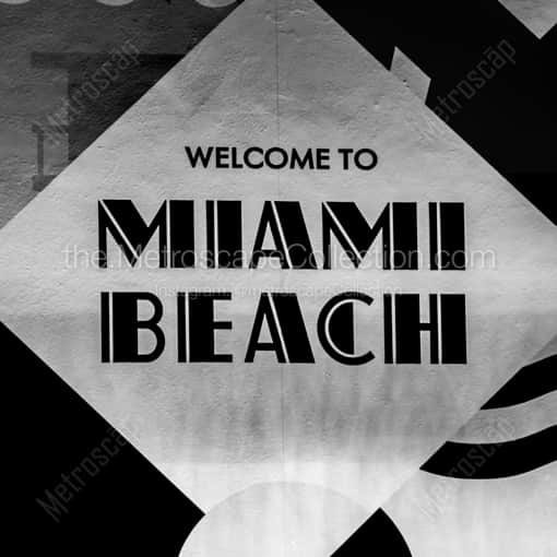 Matte Black WOOD Framed Black and White Miami Photograph: Welcome to Miami Beach Art Deco Sign in a Square Matte Black Wood Frame
