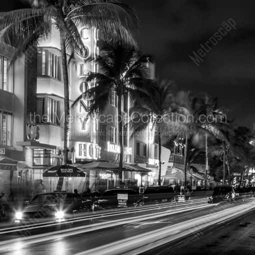 Matte Black WOOD Framed Black and White Miami Photograph: Ocean Drive on Miami Beach at Night in a Square Matte Black Wood Frame