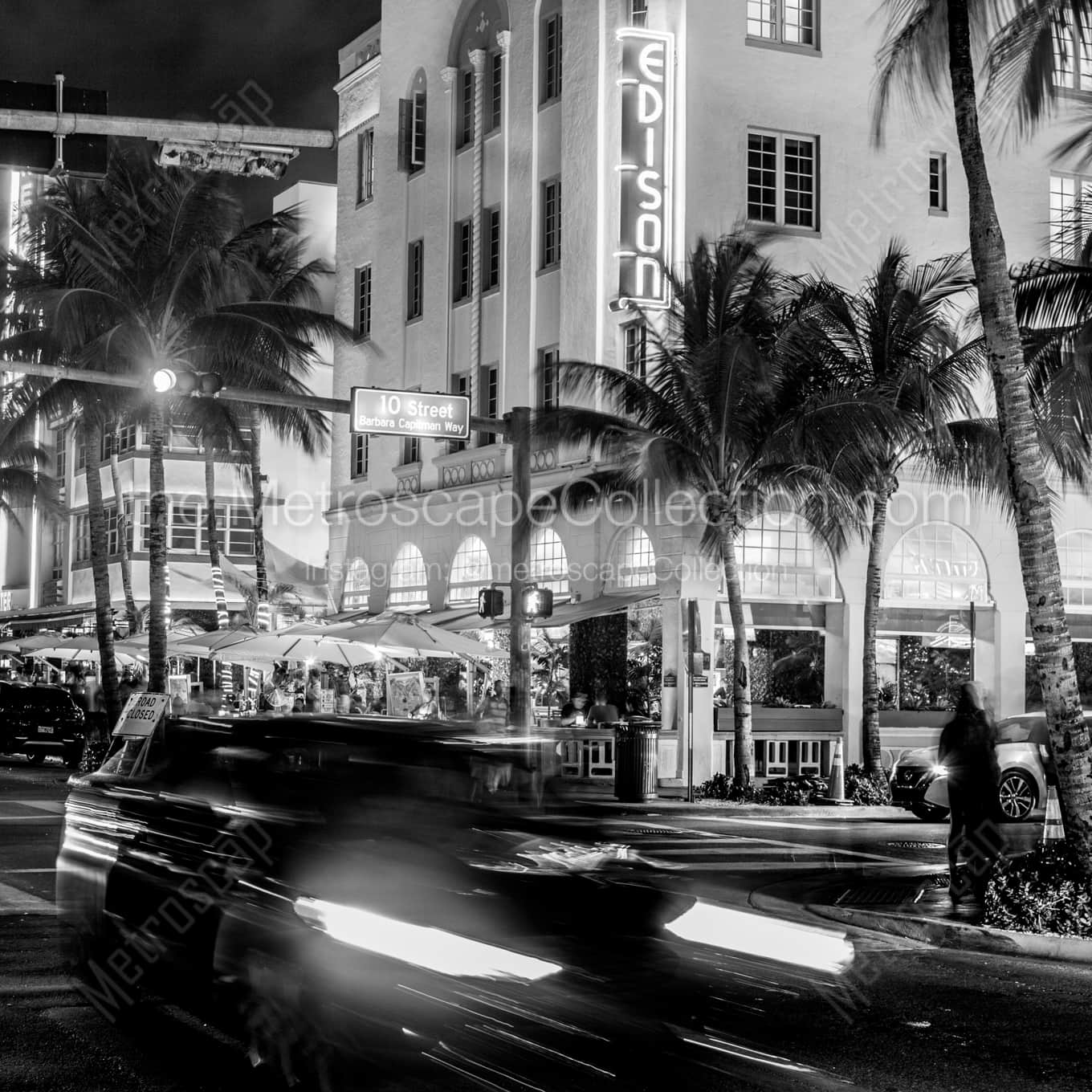 The Edison Hotel at Ocean Drive at 10th Street landscape black and white Photography square crop