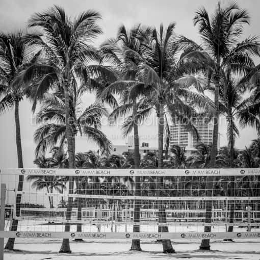 Matte Black WOOD Framed Black and White Miami Photograph: Miami Beach Volleyball Nets in a Square Matte Black Wood Frame