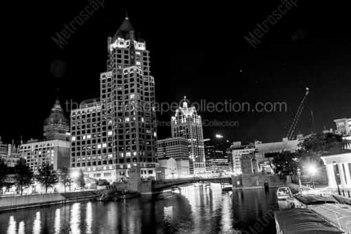 The Milwaukee Riverwalk from Juneau Ave -- Milwaukee Black and White Photos