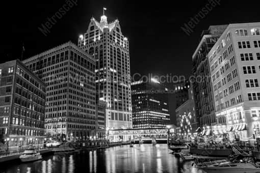 The Milwaukee Riverwalk featuring the 100 E. Wisconsin Building -- Milwaukee Black and White Photos