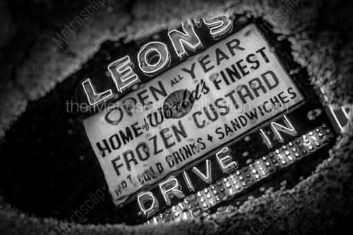 Leons Frozen Custard Sign in Puddle -- Milwaukee Black and White Photos