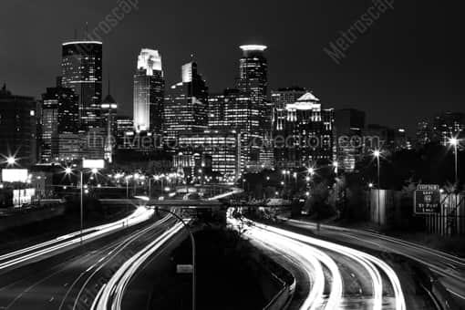 Minneapolis Black and White Photography of Downtown Minneapolis Skyline at Night over 35W Downtown Minneapolis Skyline at Night over 35W -- Minneapolis Black and White Photography