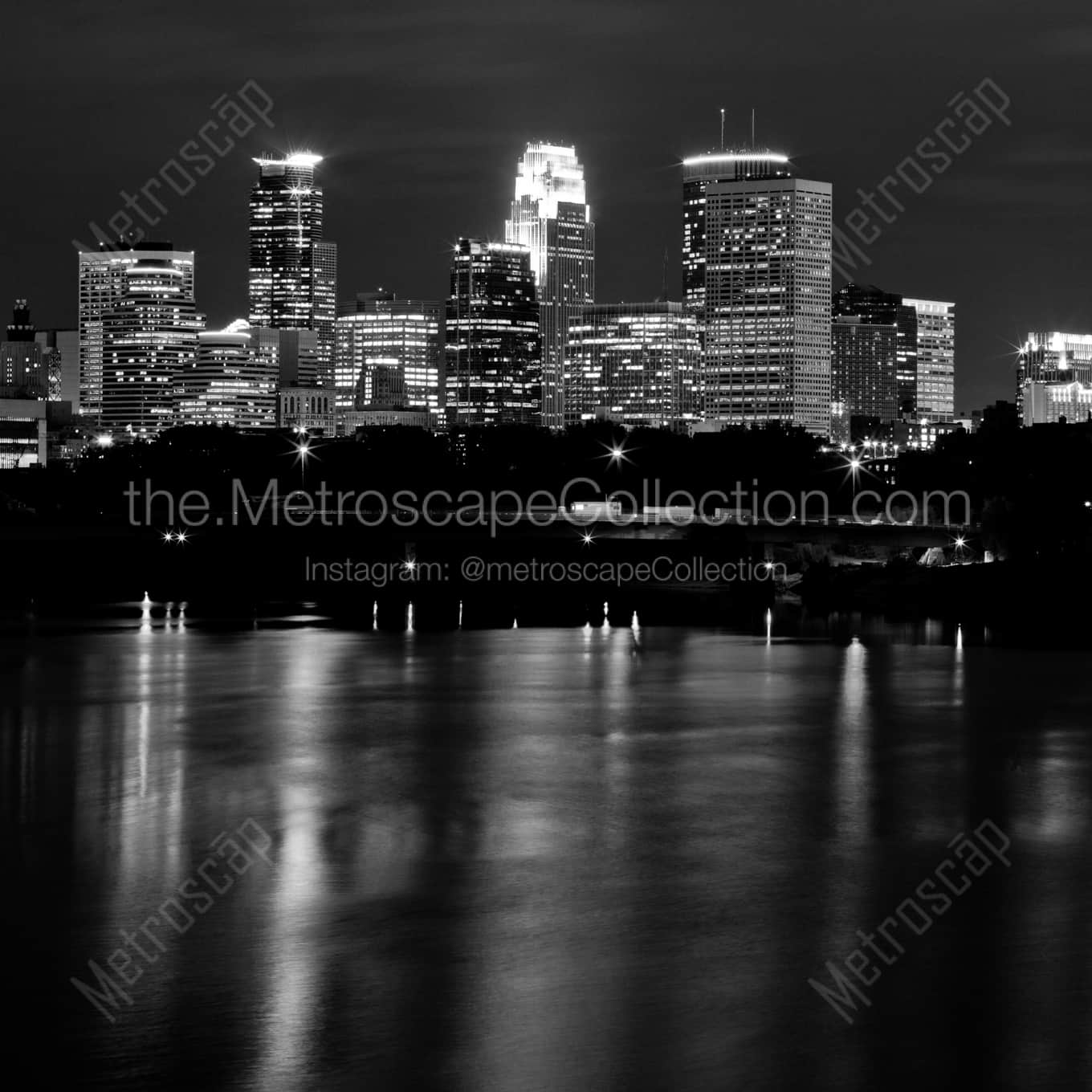The Minneapolis Skyline at Night landscape black and white Photography The Minneapolis Skyline at Night landscape black and white Photography square crop