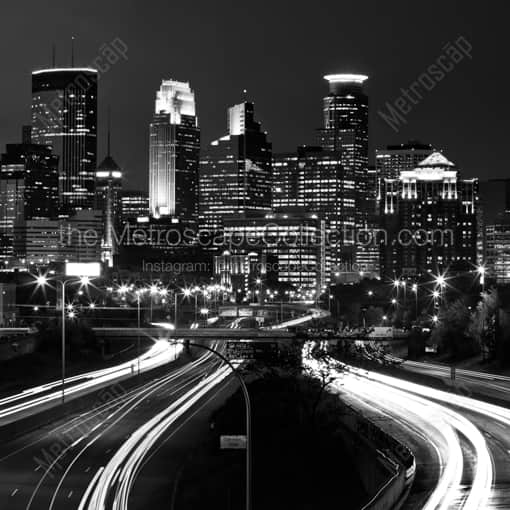 Matte Black WOOD Framed Black and White Minneapolis Photograph: Downtown Minneapolis Skyline at Night over 35W in a Square Matte Black Wood Frame