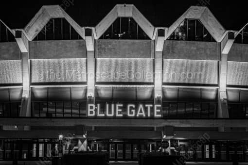 WVU Coliseum Blue Gate at Night -- Morgantown WV Black and White Photos