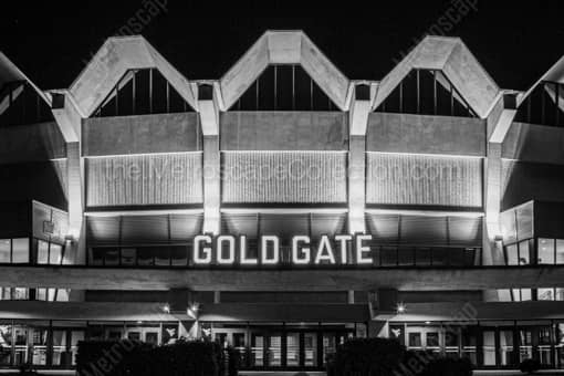 WVU Coliseum Gold Gate at Night -- Morgantown WV Black and White Photos