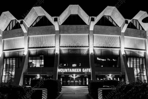 WVU Coliseum Mountaineer Gate at Night -- Morgantown WV Black and White Photos