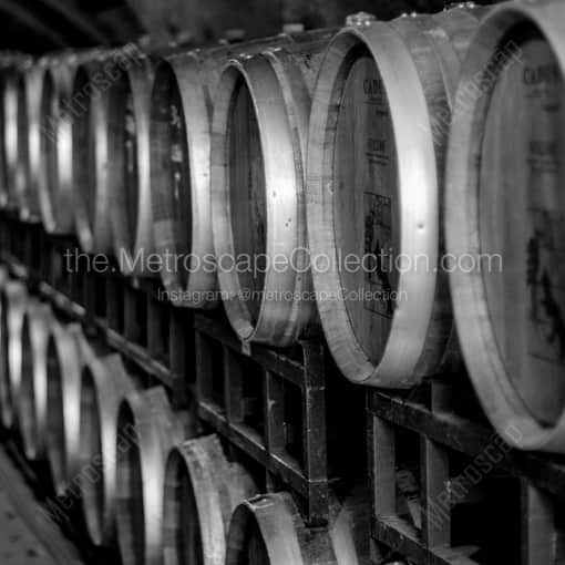 Matte Black WOOD Framed Black and White Napa-Valley Photograph: Wine Barrels in a Square Matte Black Wood Frame