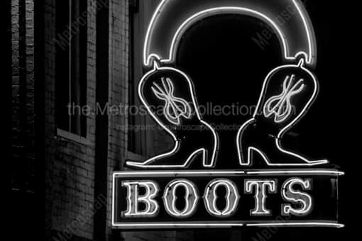 Nashville Black and White Photography of The Bottom of the Hats and Boots Neon Sign The Bottom of the Hats and Boots Neon Sign -- Nashville Black and White Photography