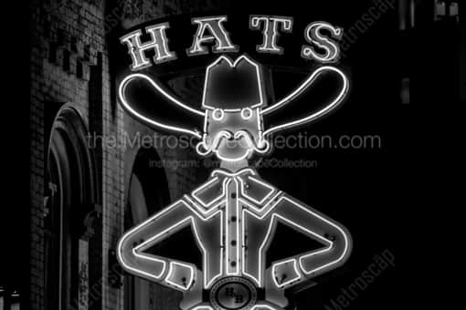 Nashville Black and White Photography of The Top Half of the Hats and Boots Neon Sign The Top Half of the Hats and Boots Neon Sign -- Nashville Black and White Photography