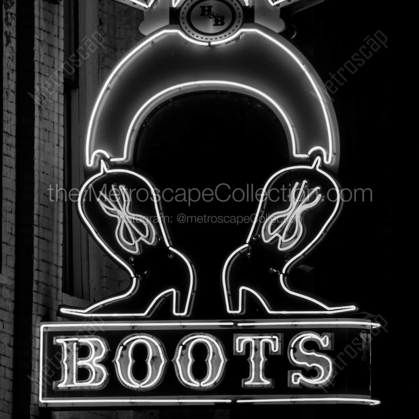 The Bottom of the Hats and Boots Neon Sign landscape black and white Photography The Bottom of the Hats and Boots Neon Sign landscape black and white Photography square crop