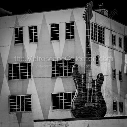 Matte Black WOOD Framed Black and White Nashville Photograph: A Giant Guitar on the Gibson Guitar Building in a Square Matte Black Wood Frame